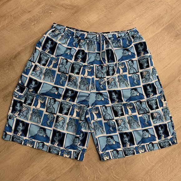 Platinum FUBU Fat Albert All Over Print Blue Swim Trunks Board Shorts Men's XL - Picture 1 of 8